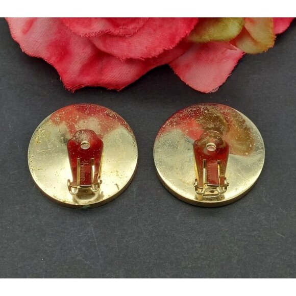 Vintage Bergere Clip On Earrings Large Circles Black Enamel & Gold Swirl Retro - Picture 5 of 7